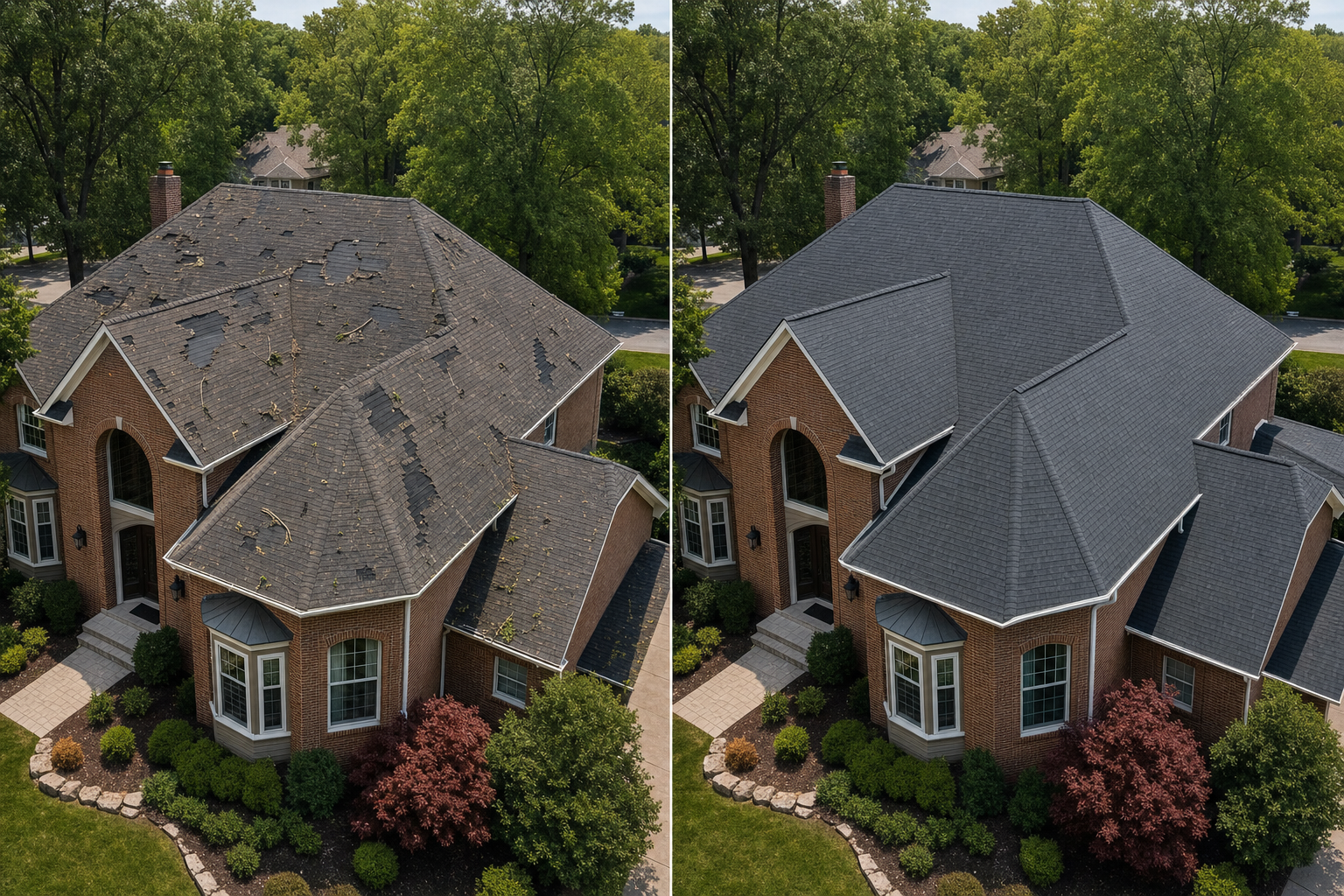 Side-by-side before and after views of a residential roof restoration