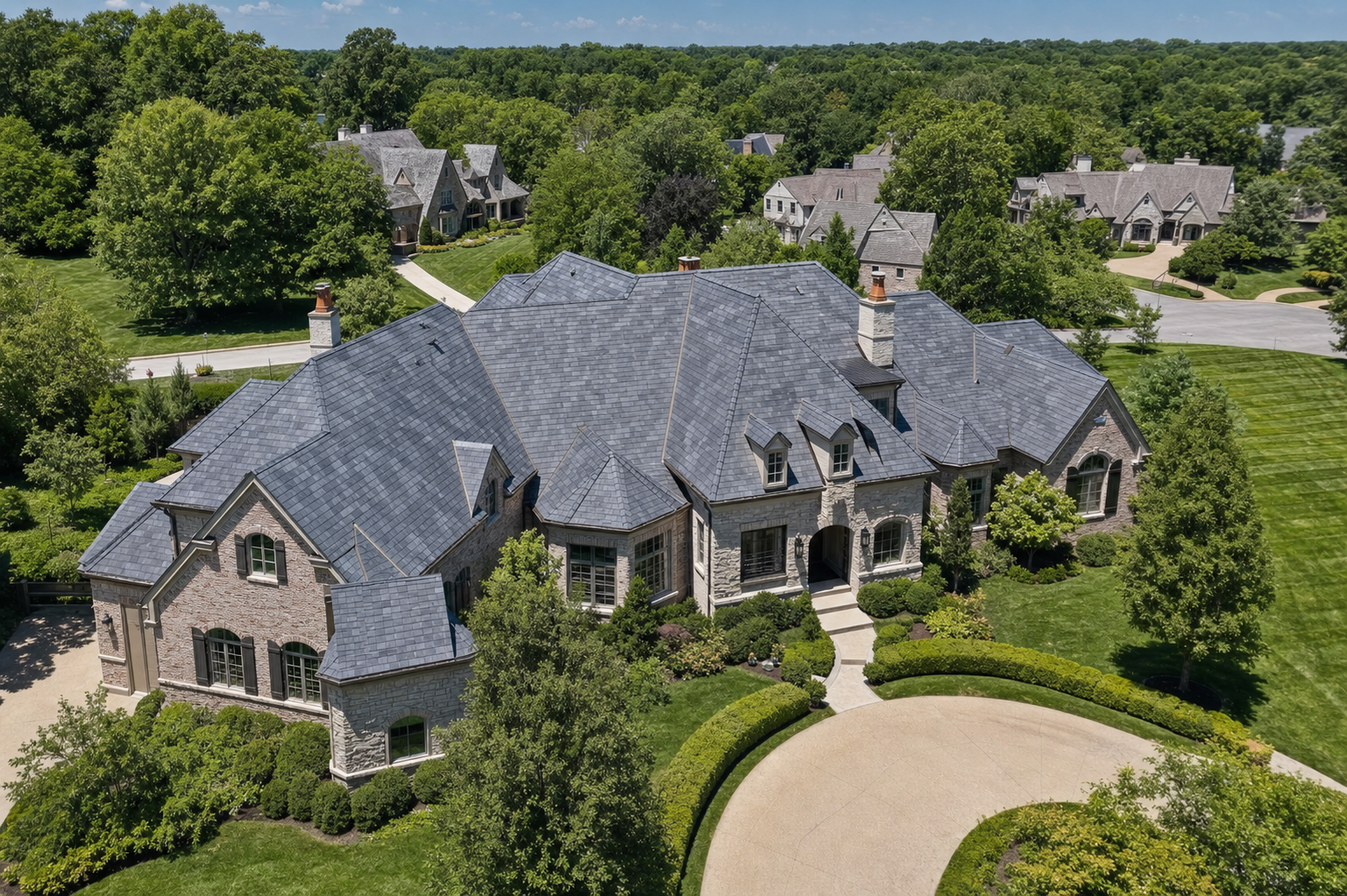 Aerial view of a residential synthetic slate roof