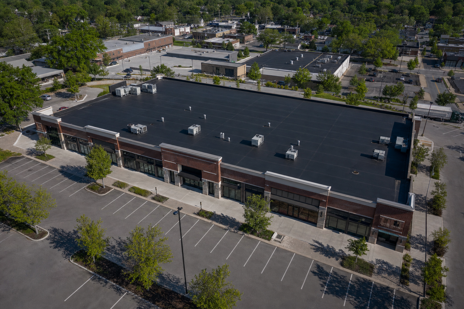 Aerial view of a commercial retail center roof