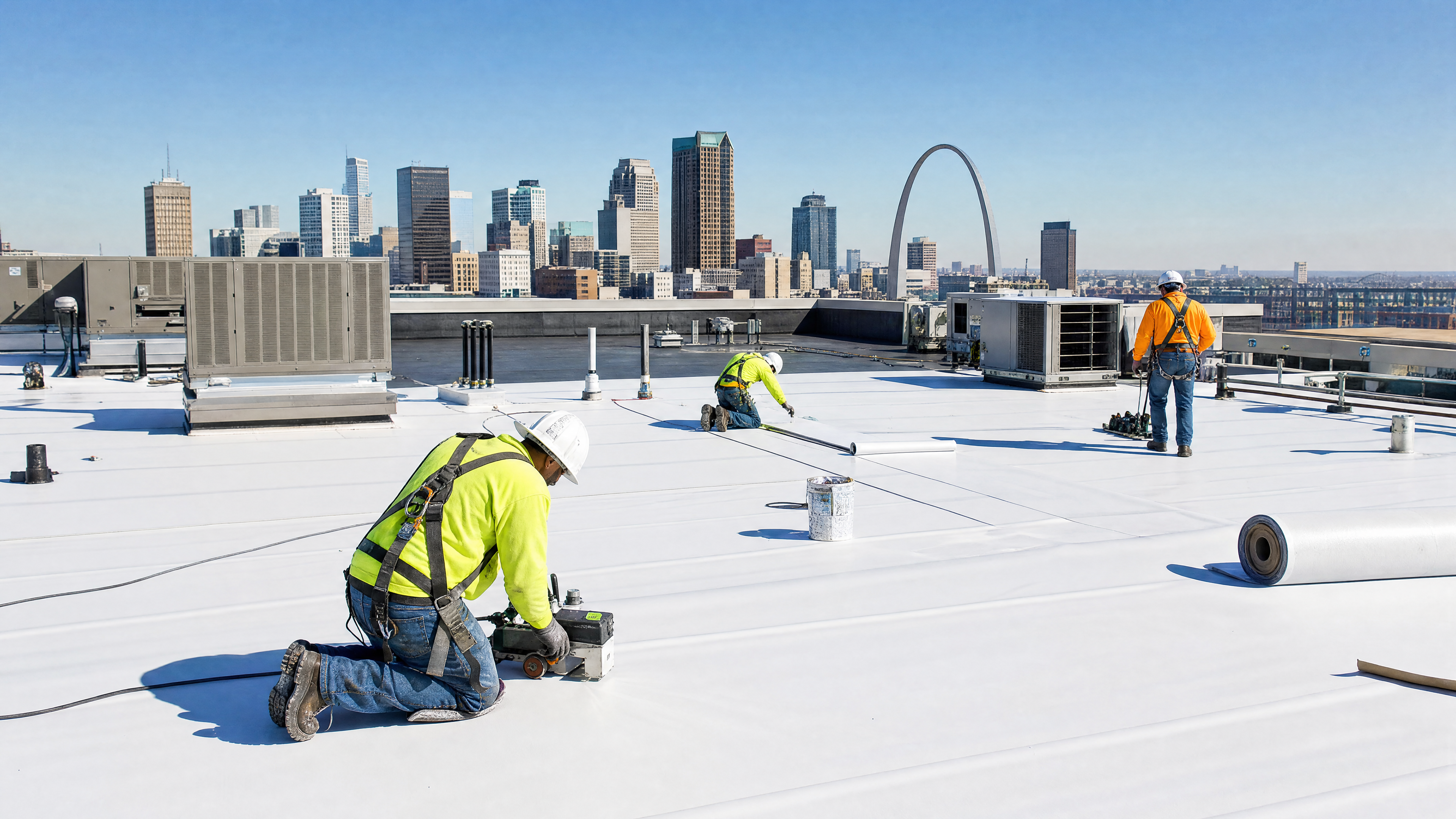 Roofing crew installing a commercial flat roof in downtown St. Louis