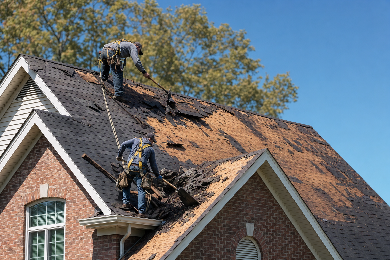 Roofing crew performing a residential tear-off