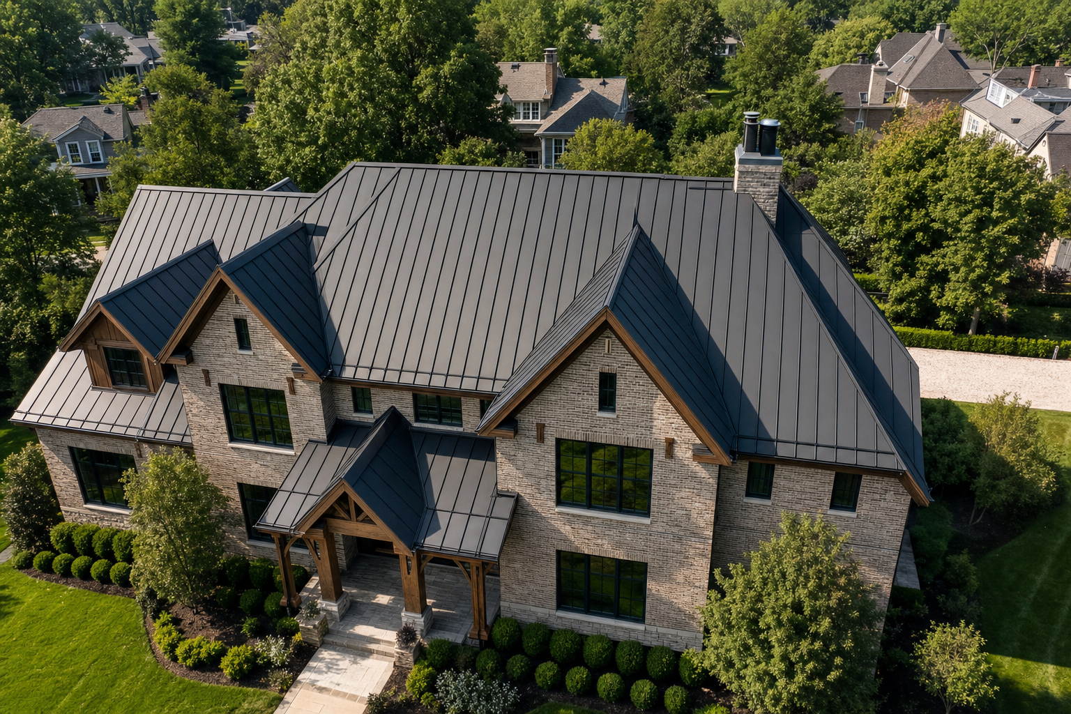 Aerial view of a standing-seam metal residential roof